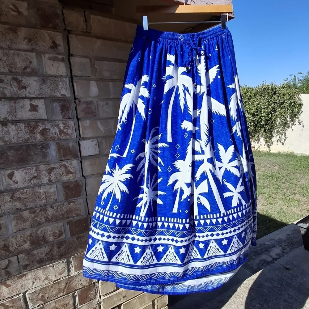 Gypsy Blu Palm Tree Print Blue White Drawstring Midi Maxi Skirt Women Size Large - Picture 6 of 16